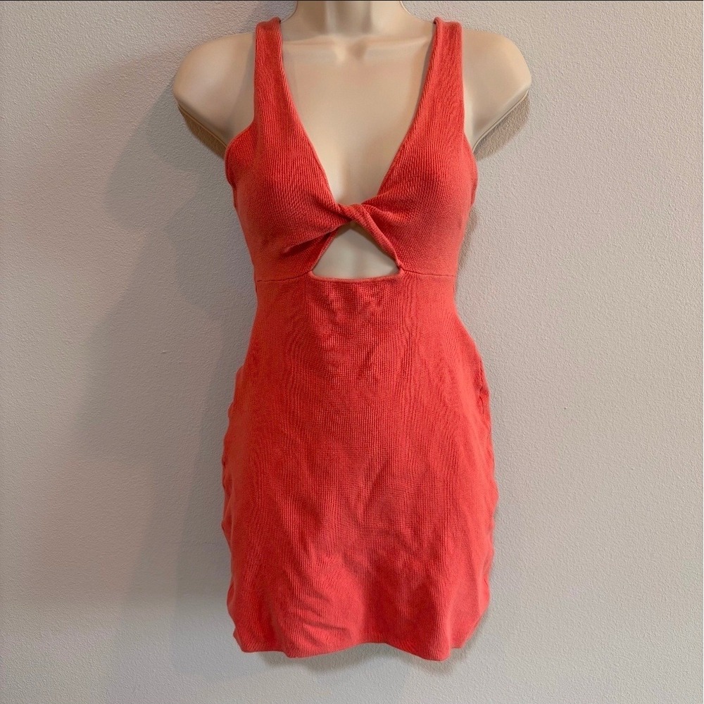 Free People Beach Ribbed Twist Front Cutout Mini Dress Womens M Coral Boho